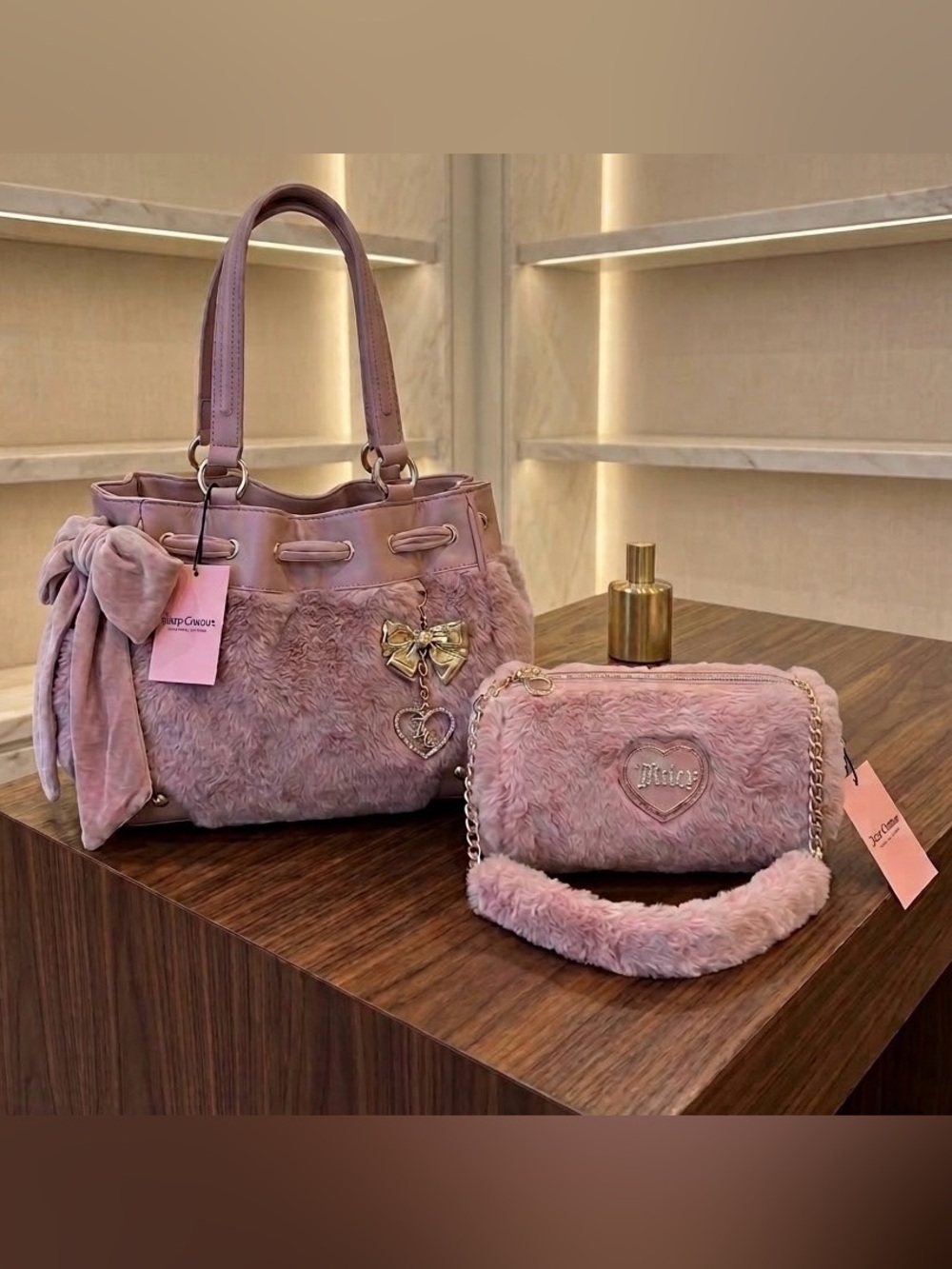 Juicy Couture Daydreamer Soul Sister Pink Faux Fur Tote With Matching Barrel Bag